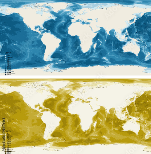 World Standard Bathymetric Ocean Depth Map - Plate Carree Equirectangular Projection - Scalable Multi-Color Seafloor Relief Topography with Depth Legend Showing Continental Shelves Mid-Ocean Ridges