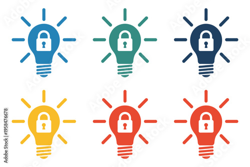 Patented solution concept light bulb with a lock illustration isolated on a white background, secure innovation and protected idea symbol, intellectual property and copyright protection concept, clean