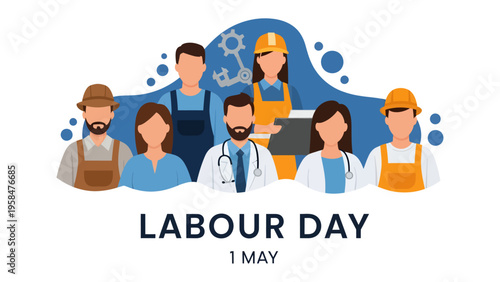 Labour Day Celebration: A diverse group of essential workers come together, signifying unity and respect for all laborers, with a celebratory banner marking the occasion of Labour Day.