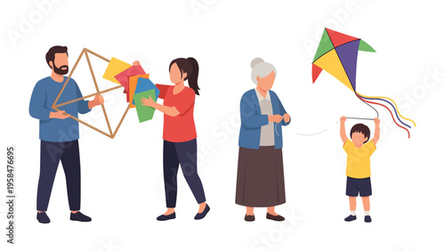 Kite Day Delight: A multi-generational family joyfully prepares and flies a vibrant kite, celebrating togetherness and the simple pleasures of life.