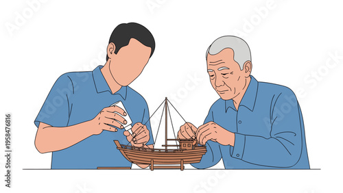 Bonding Over Boat Building: A younger man and an older man engrossed in constructing a model ship together, exemplifying the intergenerational bond and the joy of shared hobbies.