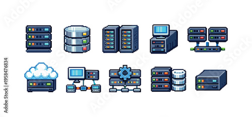 Pixel art icons representing servers, databases, and cloud computing infrastructure