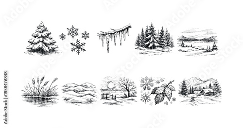 Collection of hand-drawn winter scenes and elements in sketch style