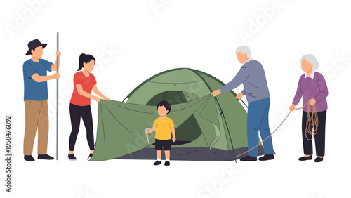 Family Camping Adventure: A multi-generational family works together to set up a tent, enjoying a fun-filled outdoor adventure filled with bonding and shared experiences.
