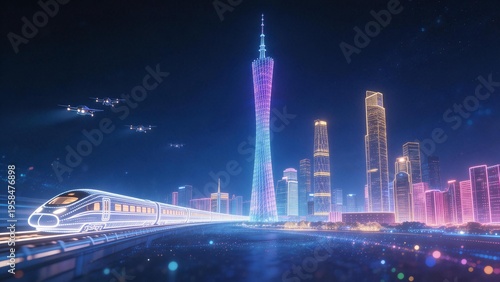 Futuristic train cityscape at night
