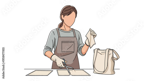 Crafting and Creativity: A person engages in the art of crafting, scissors in hand, alongside a canvas tote bag, sheets of paper and gloves, all set against a minimalist backdrop.