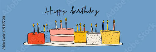 Birthday cake with ten candles and happy birthday text. Illustrated birthday cake with ten lit candles and Happy Birthday message on blue background