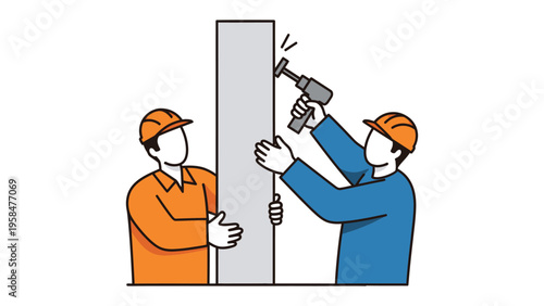 Construction Crew at Work: Two construction workers collaborate to secure a wall segment, showcasing teamwork and precision in a building project.