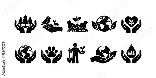 Collection of icons representing environmental protection and conservation efforts