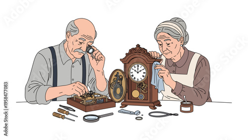 Timekeepers' Craft: An elderly couple meticulously repairs a vintage clock with patience, showcasing the artistry of horology.
