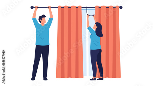 Curtain Installation: A couple collaborates in installing curtains, a blend of functionality and style, as they bring warmth and a sense of refinement.