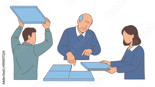 Teamwork and Problem Solving: A group collaborates to assemble a puzzle, emphasizing cooperation and the search for solutions.