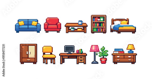 Collection of pixel art furniture and home decor items for interior design