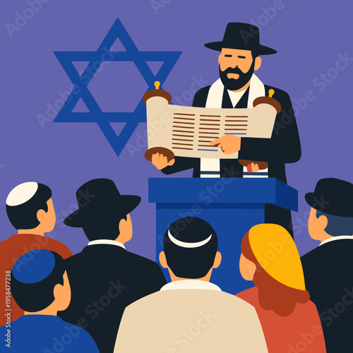 Passover Torah Reading Scene with Rabbi and Congregation