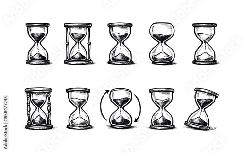 Collection of hand-drawn hourglass icons illustrating the passage of time and different temporal concepts