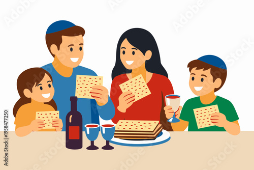 Passover Family Sharing Matzot and Wine Together