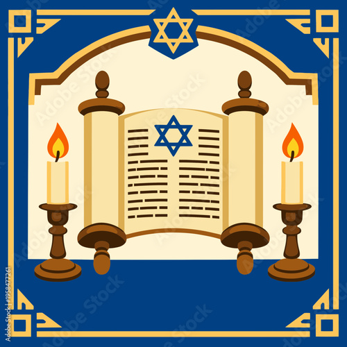 Passover Torah Scroll with Decorative Frame and Candles