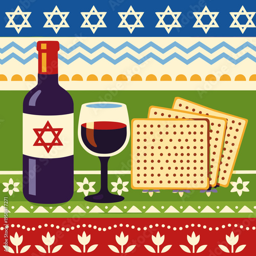 Passover Wine and Matzot with Decorative Patterns