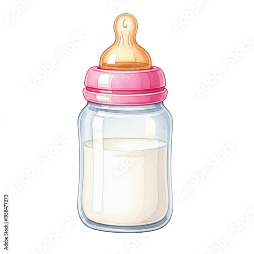 A delicate watercolor illustration of a baby feeding bottle with milk and a pink cap, isolated on a white background. Concept of motherhood and infancy.