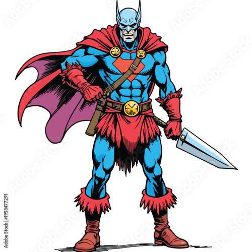 Comic book character with red cape and sword.