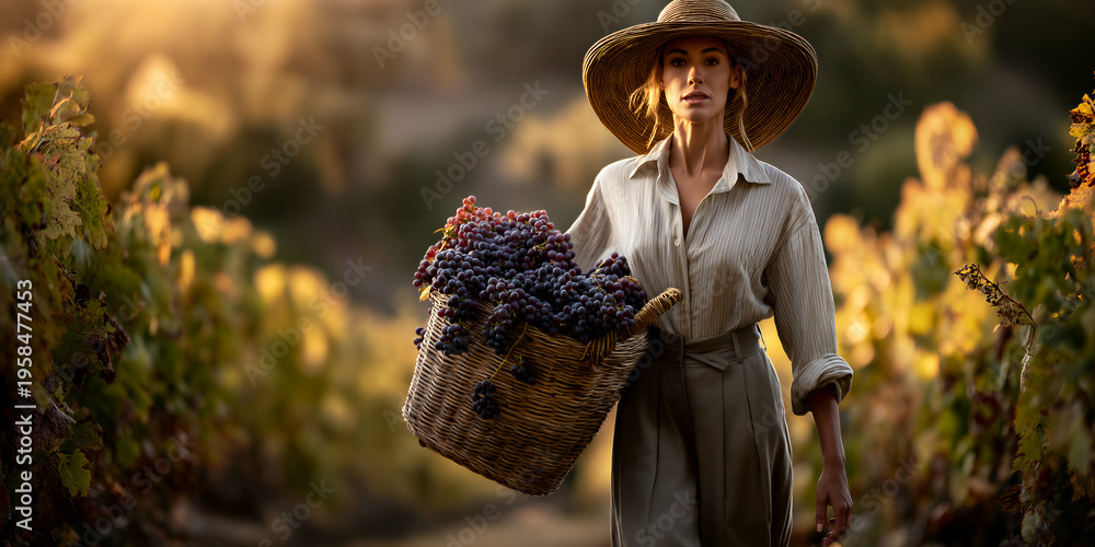 Obraz premium Woman strolling in vineyard. Serene scene of woman in vineyard during harvest season
