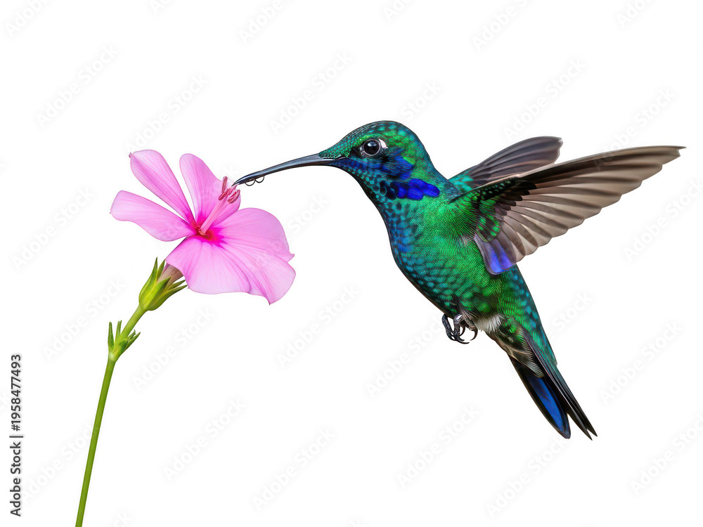 Obraz premium Hummingbird feeding on pink flower isolated on transparent background