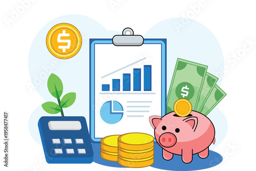 Financial-themed illustrations covering topics such as profit, saving, calculations, and charts—which form the foundation of financial literacy