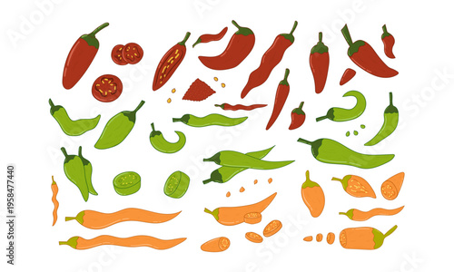 Hand drawn chili icon set, chili peppers in doodle style