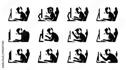 Silhouettes of people using laptops and mobile devices in various seated positions minimalist design monochrome style technology concept
