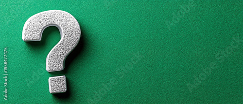 Question Mark on Green Background.: Minimal question symbol composition. Suitable for FAQ, support pages, uncertainty themes, and information design.
