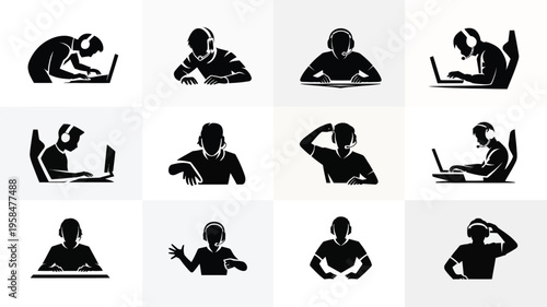 Silhouettes of people working on laptops in various poses expressing focus and productivity in a minimalist style