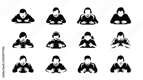 Silhouettes of diverse individuals using smartphones in various positions black and white minimalist design isolated on white background modern vector illustration