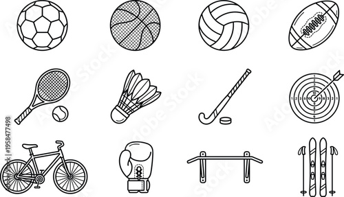 Sports equipment line icons set, football basketball tennis hockey cycling fitness symbols, modern outline vector collection for active lifestyle and recreation
