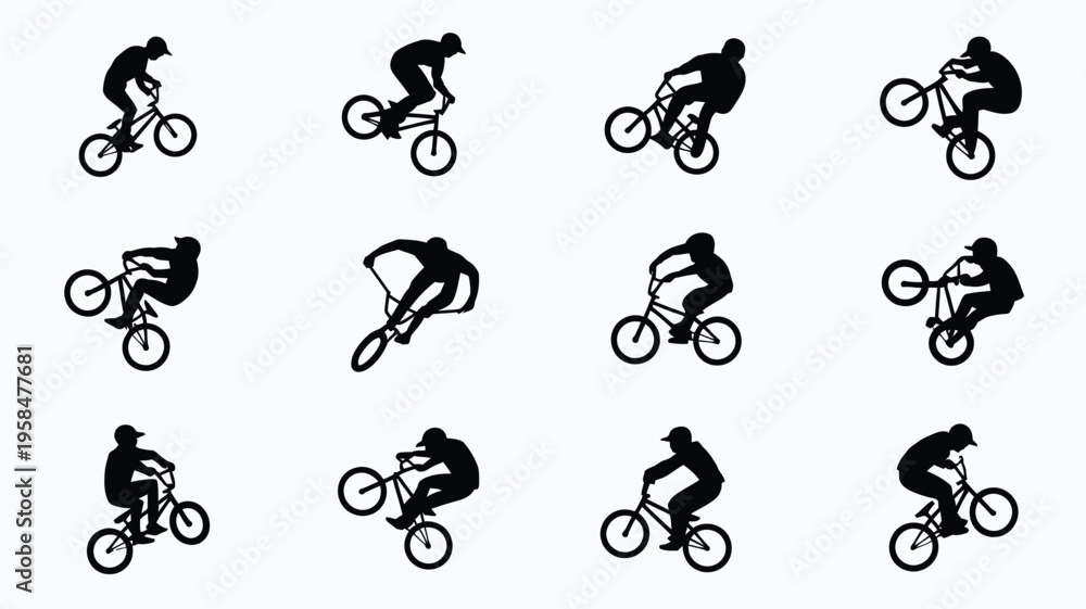 Obraz premium Silhouette icons of a cyclist performing various dynamic bmx tricks and stunts in mid air showcasing action and agility against a clean white background