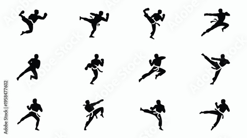 Dynamic black silhouettes of athletes performing martial arts kicks and punches in a grid layout isolated on a clean white background