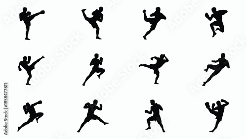Silhouettes of athletes performing dynamic kicks jumps and defensive stances in mid air showcasing strength and agility in a minimalist black design