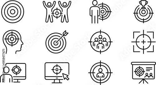 Target audience line icons set, business goal achievement marketing focus symbols, modern outline vector collection for strategy planning and customer targeting