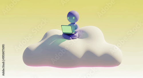 Claymorphism Low-Poly Isometric 3D Character Sitting on Cloud Working on Laptop with Soft Yellow Background