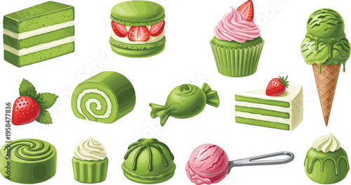 Matcha desserts collection with green tea cakes macarons ice cream and pastries sweet food vector illustration set