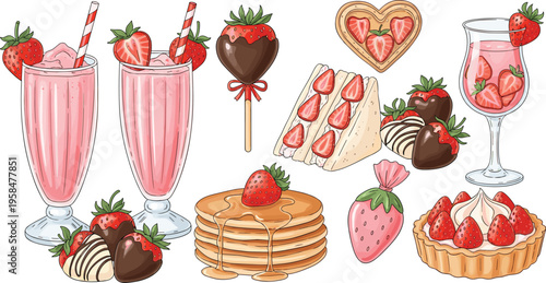Strawberry desserts and drinks collection with milkshakes pancakes chocolate and cakes sweet food vector illustration set