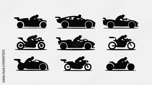 Black silhouettes of sports cars and motorcycles in dynamic poses sleek designs and minimalist style on a light background