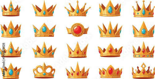 Golden crowns collection with royal jewels and different shapes king queen tiara vector illustration set isolated