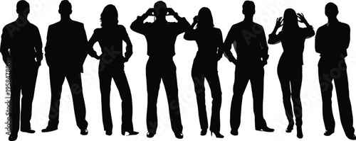Group of Confident Young People Silhouettes Standing in Casual and Business Attire Isolated on White Background, Modern Team and Diversity Concept