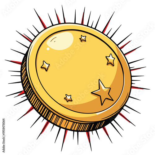 Golden coin with starburst effect and stars.