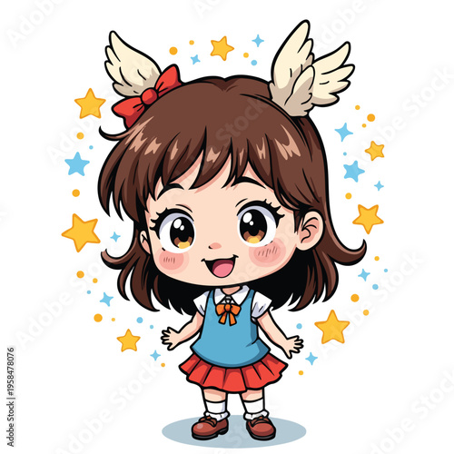 A cartoon girl with wings and stars.