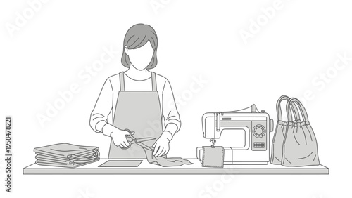 Crafting Creation: A skilled individual meticulously cuts fabric, poised with scissors, beside a sewing machine, creating a masterpiece.