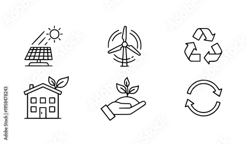 Eco home renewable energy vector icons editable stroke sustainable housing line set isolated on white