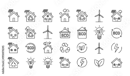 Sustainable housing eco energy editable stroke outline icons vector isolated on white