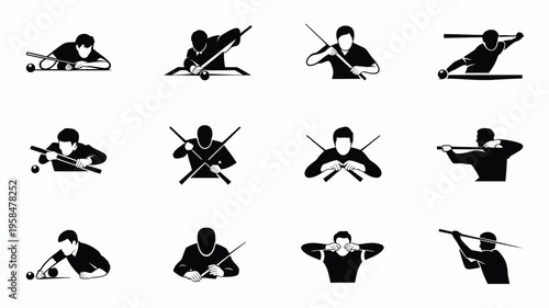 Silhouette collection of martial artists performing sword fighting techniques and stances isolated on white
