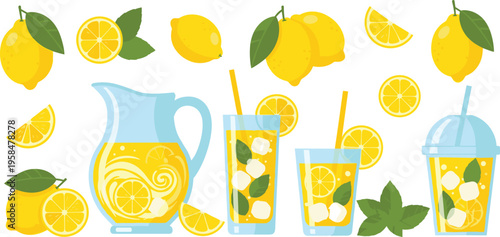 Fresh lemonade drinks and lemons collection with slices pitcher and glasses summer beverage vector illustration set